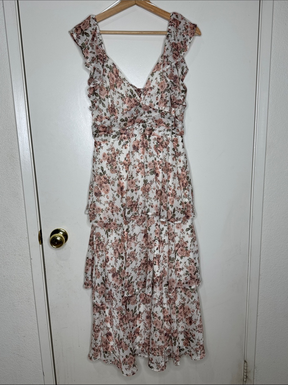 Altar'd State White Maxi Dress with Dusty Rose Floral Print